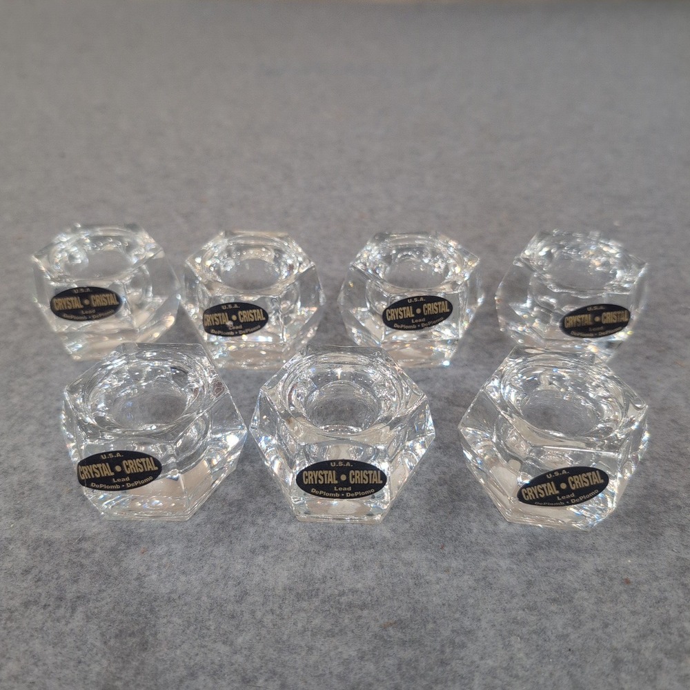 USA Crystal Hexagon Lead Glass Taper Candle Holders Set of 7 Clear Faceted - Picture 1 of 6